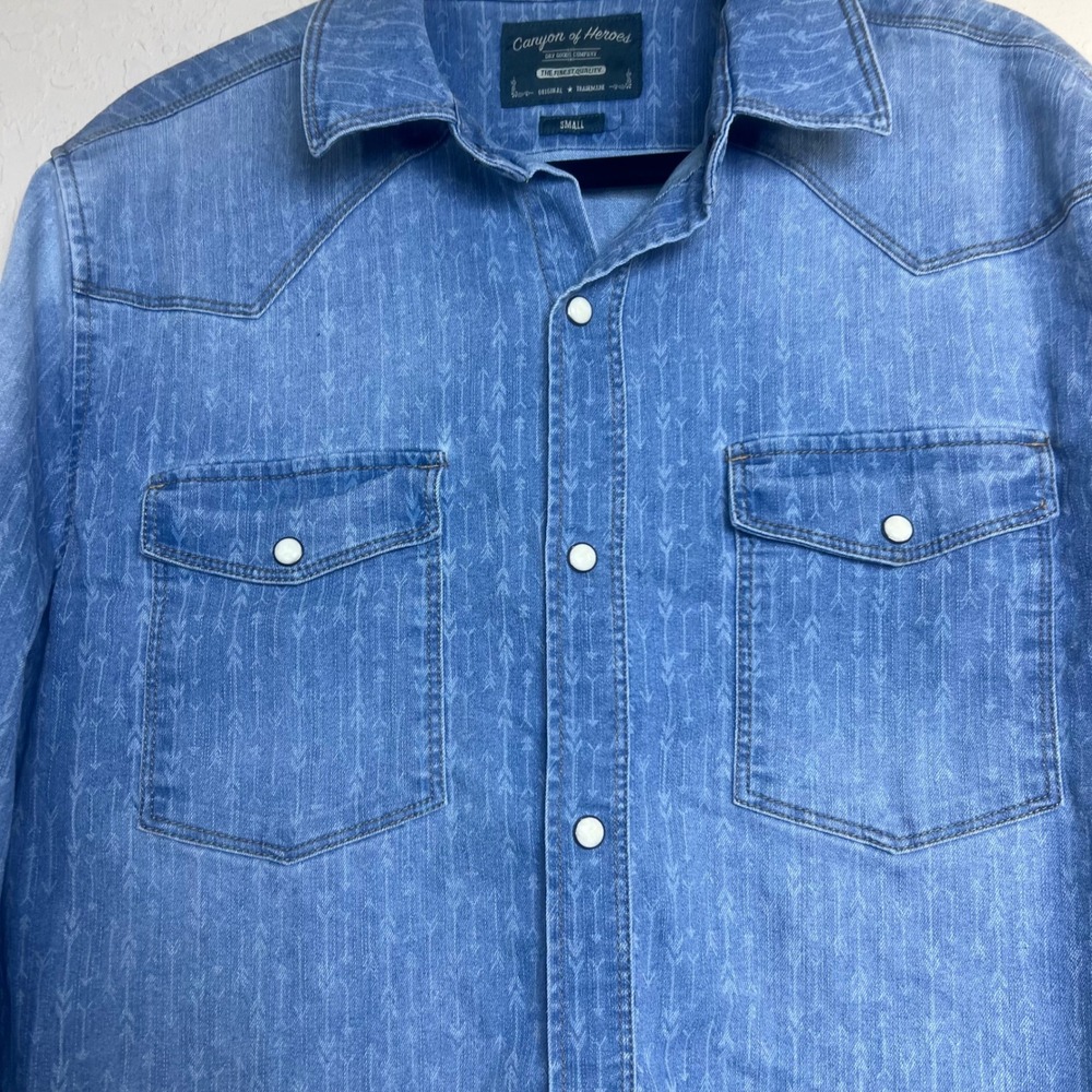 Canyon of Heroes Denim Shirt Western Mens Arrow Print Pearl Snap Small Blue